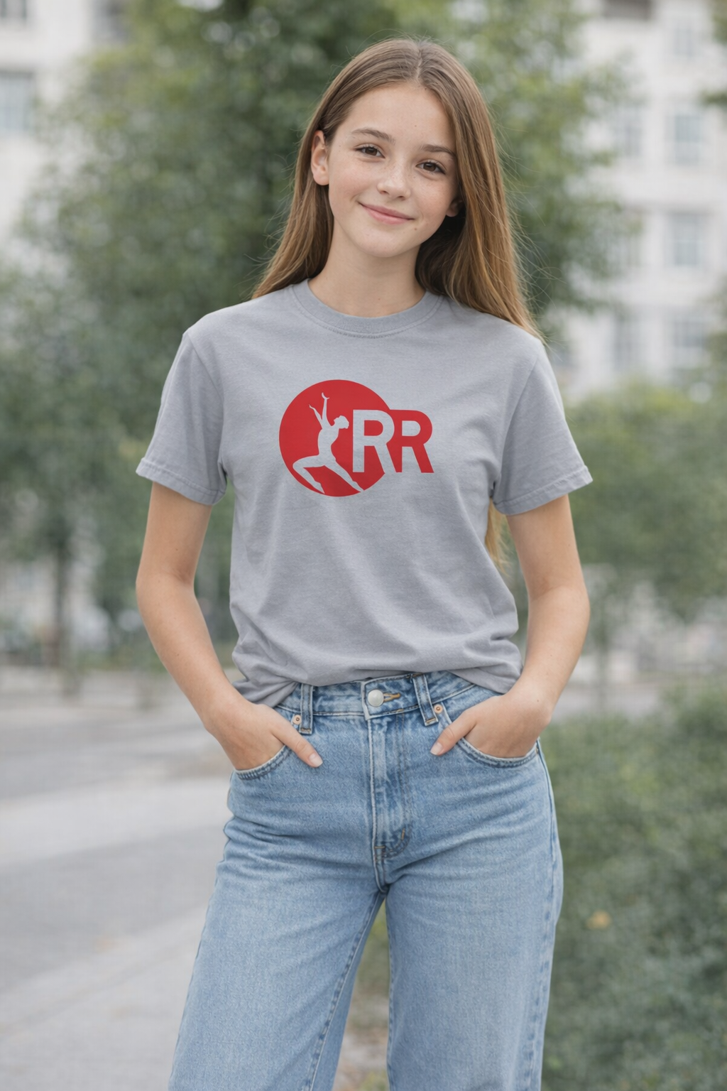 LHS Grey Round Neck Short Sleeve Red Rhythm Logo in Red