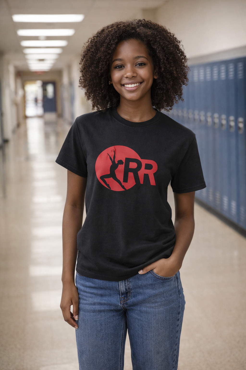 LHS Black Round Neck Short Sleeve Red Rhythm Logo in Red