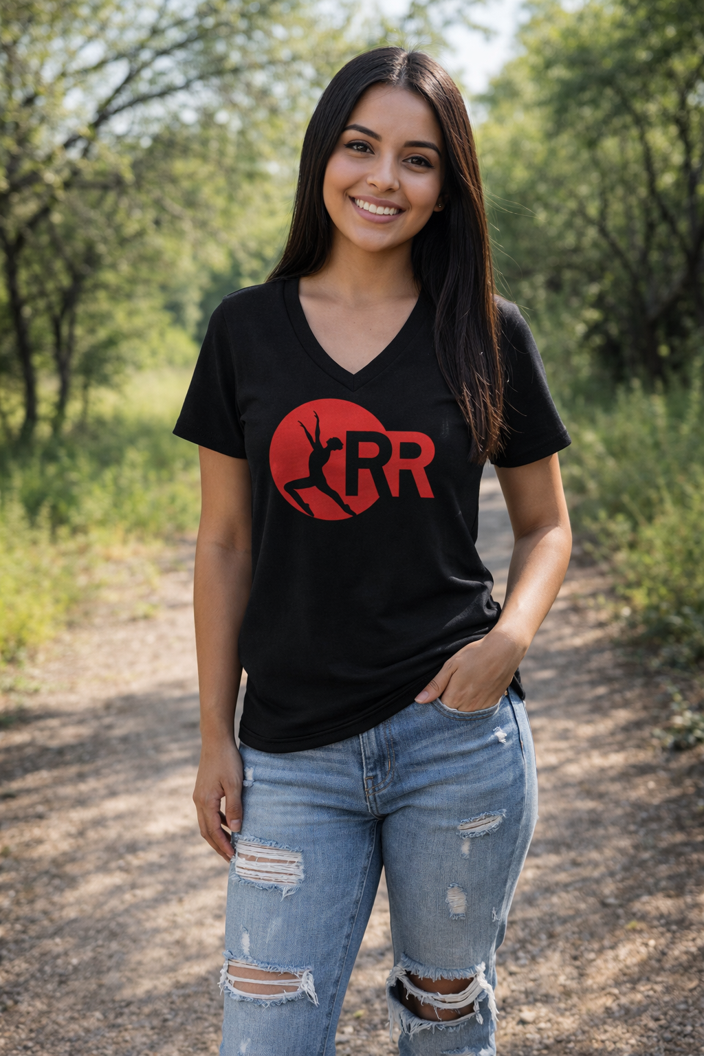 LHS Black V Neck Short Sleeve Red Rhythm Logo in Red