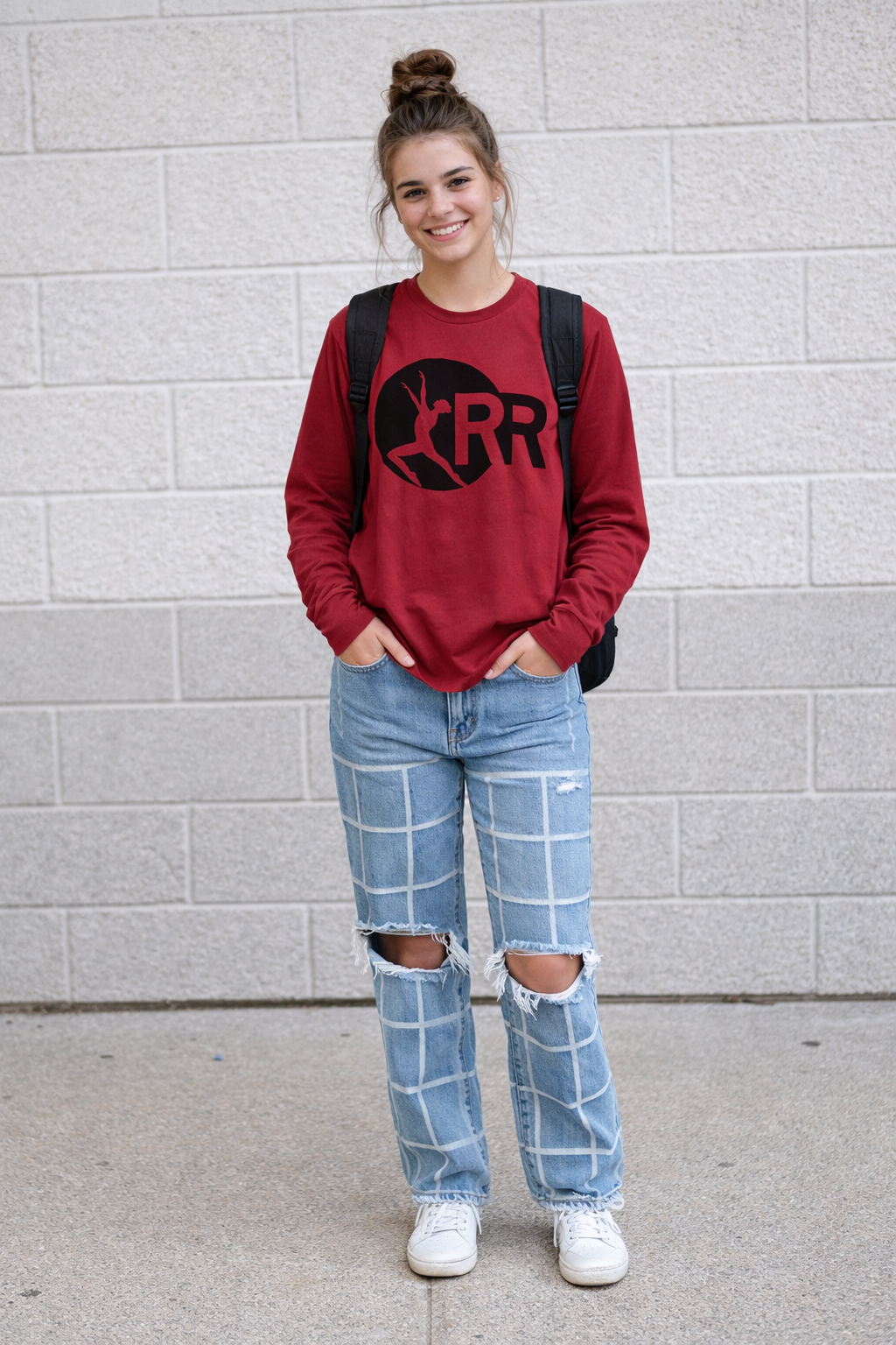 LHS Red Round Neck Long Sleeve Red Rhythm Logo in Black