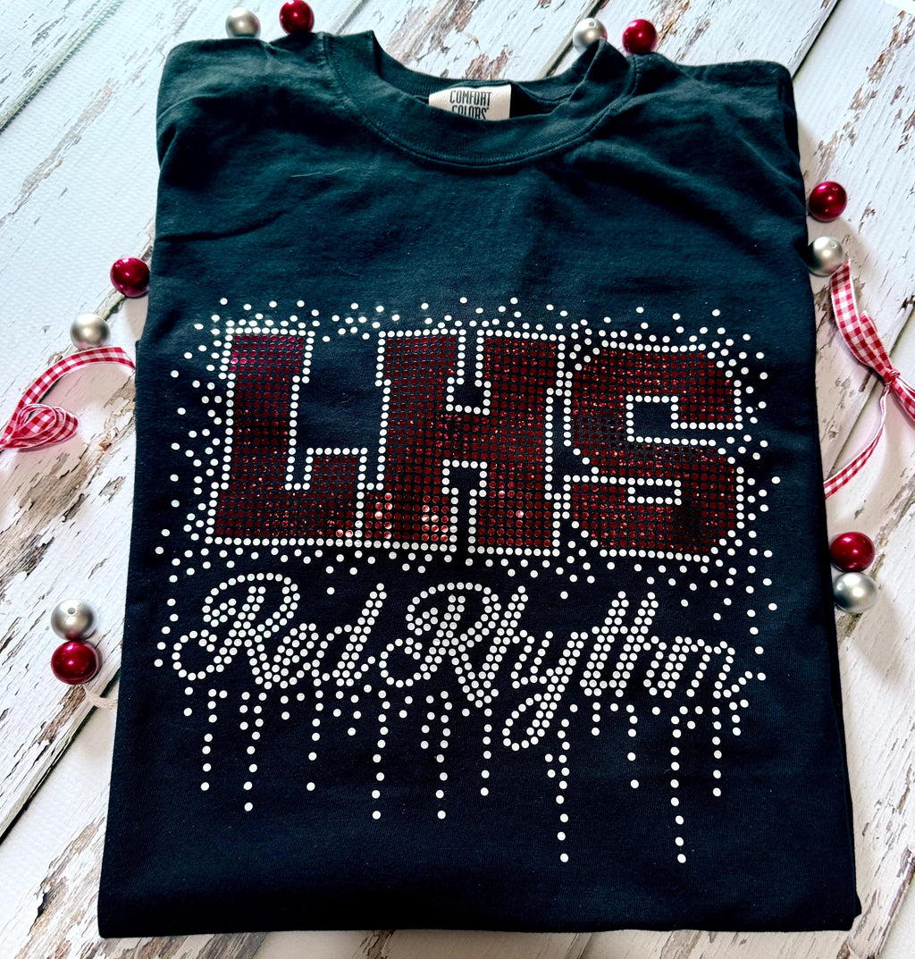 LHS Spangle Bling Red Rhythm Long Sleeve Tee Shirt with White Spangle