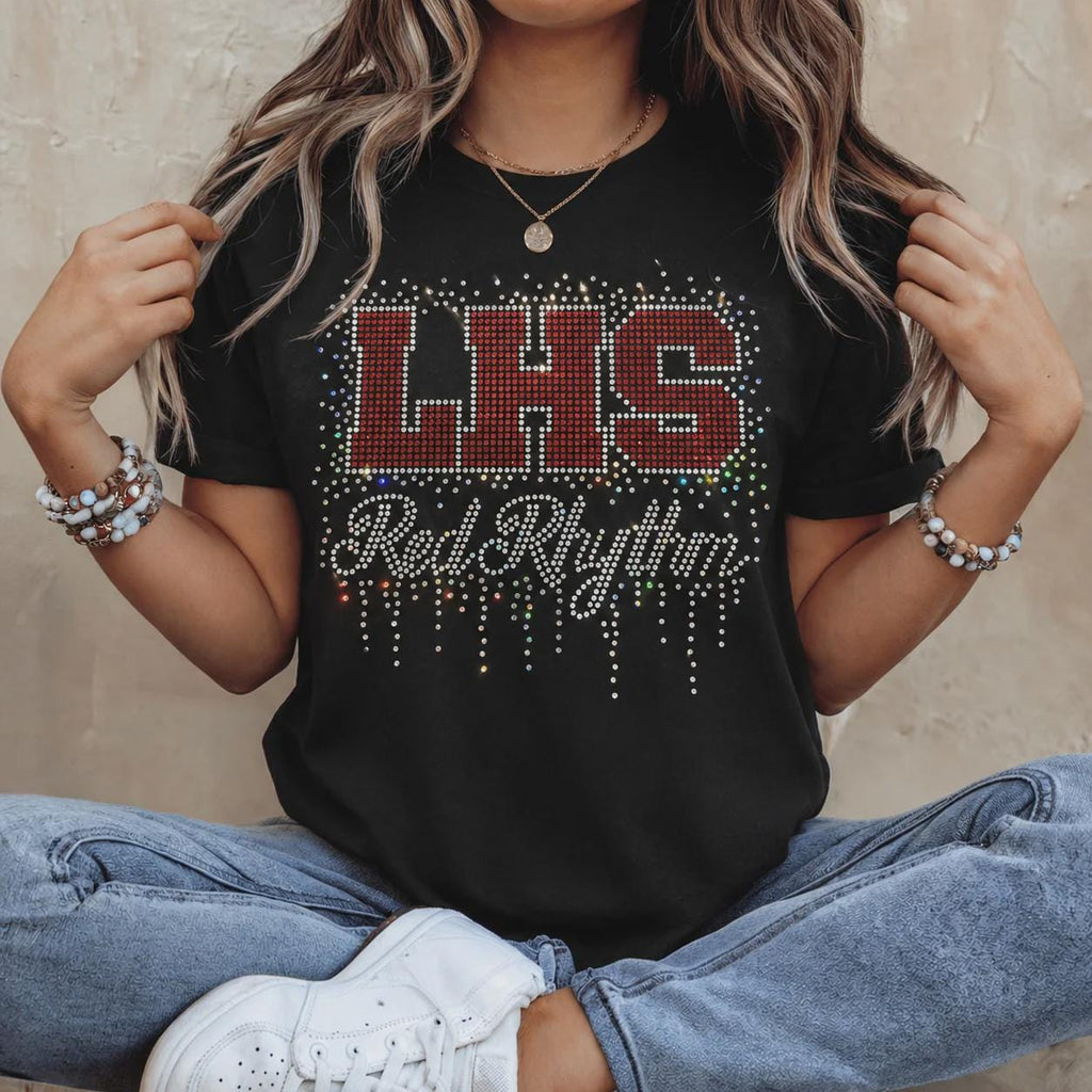 LHS Spangle Bling Red Rhythm Long Sleeve Tee Shirt with White Spangle